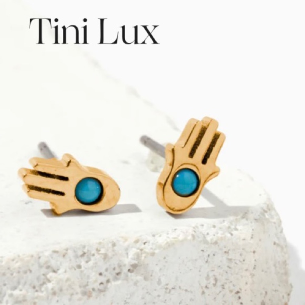 NWT Tini Lux Hamsa Studs for Sensitive Ears- Gold/Turquoise